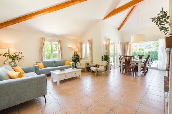 Télévision, cheminée, lecteur de DVD, chaßne hi-fi