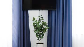 Una habitación con una televisión de pantalla plana en la pared, una planta en maceta sobre una mesita y cortinas azules.