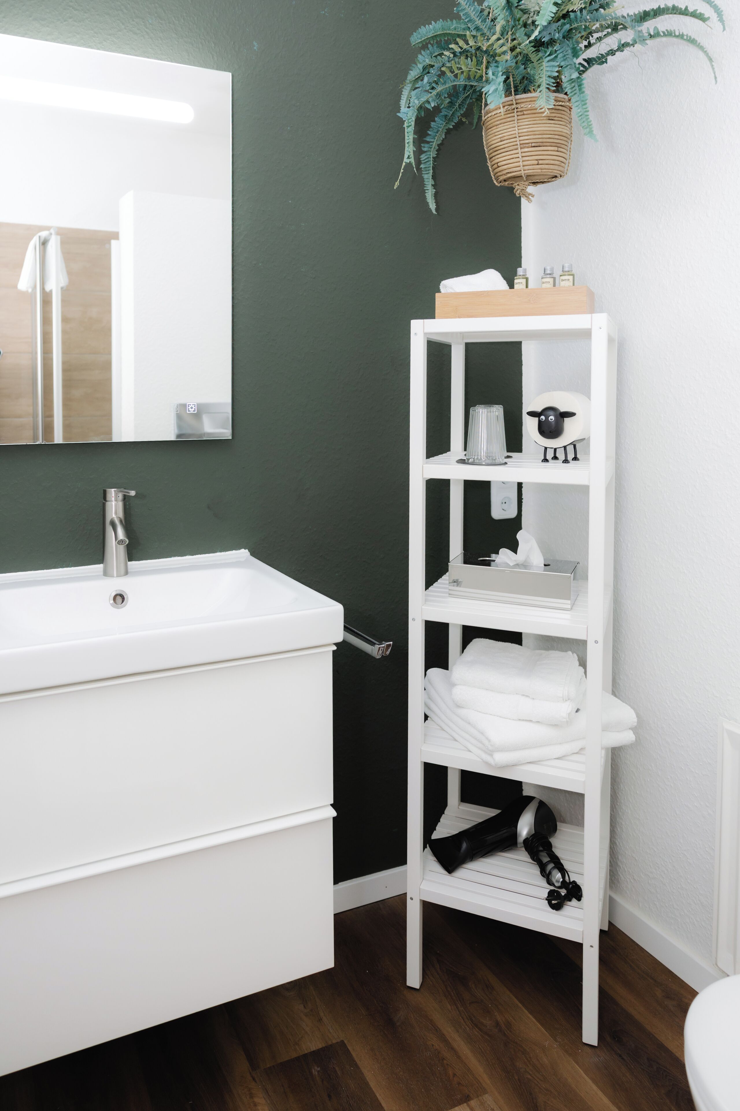 A bathroom with a white sink, a mirror, a white shelf with toiletries, and a hanging plant.