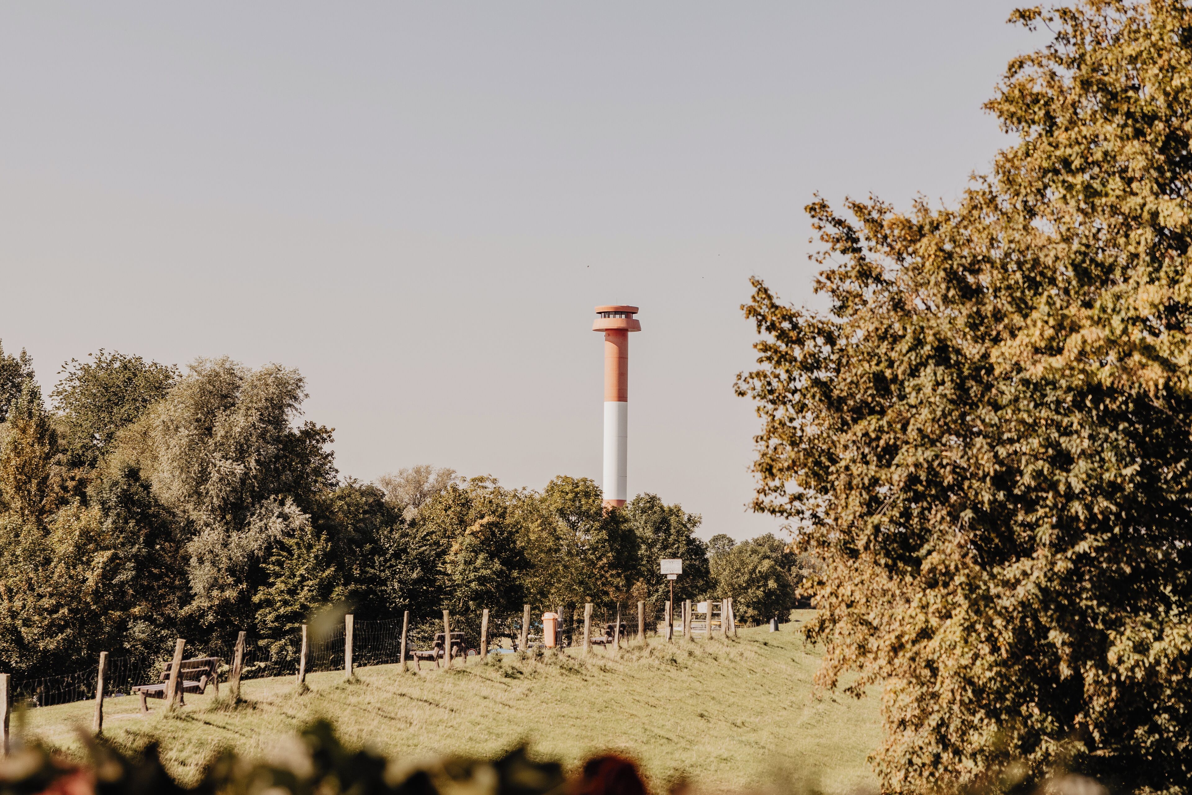 A lighthouse on a grassy hill with trees in the foreground.