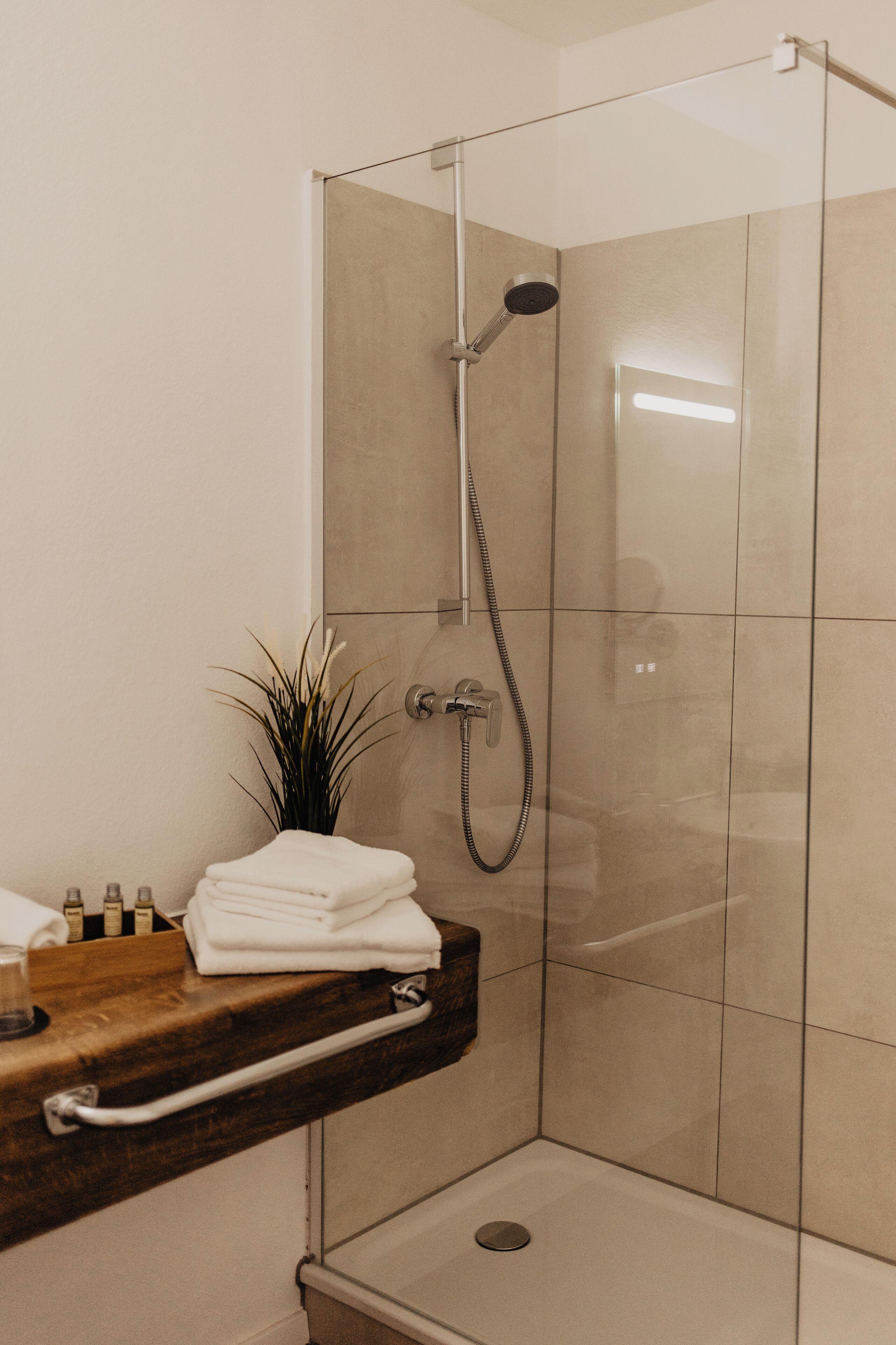 Un baño moderno con cabina de ducha de vidrio, tocador de madera con perchero y una pequeña planta en maceta.