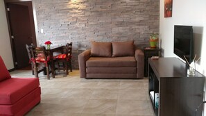 TV, books, video library, stereo