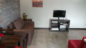 TV, books, video library, stereo