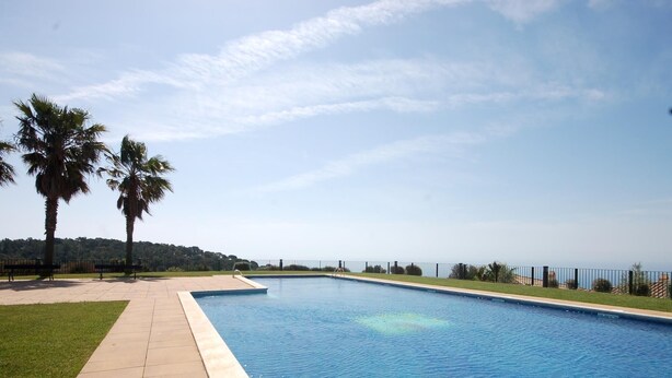 Una piscina rectangular con agua azul cristalina, rodeada por un deck de baldosas y una zona de césped.