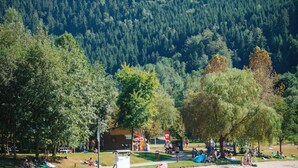 A beach with people swimming and playing, a sandy shore, and a forested hill in the background. - Base de Loisirs du Lac de la Moselotte (Saulxures-sur-Moselotte)