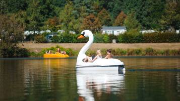 Un bateau en forme de cygne avec deux personnes à bord.