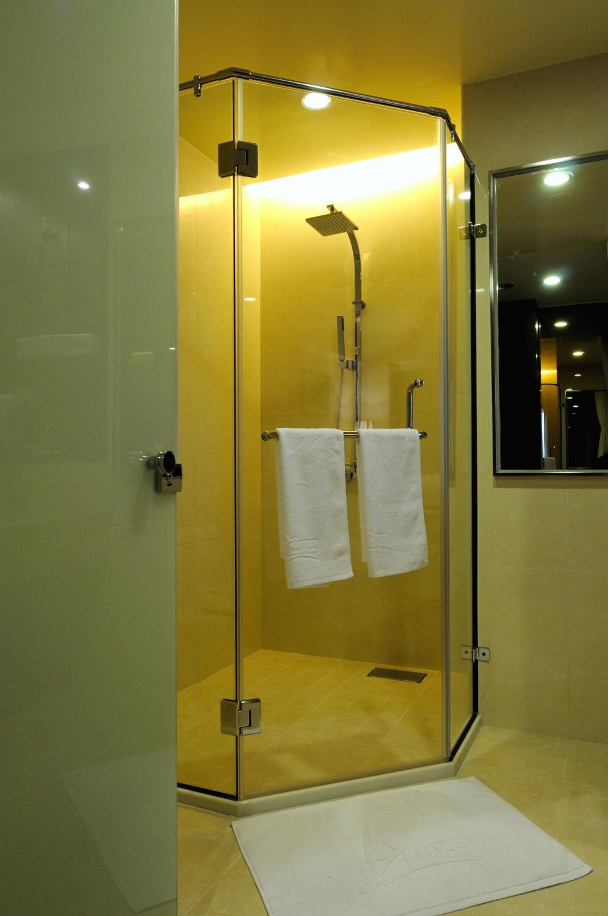 shower, rainfall showerhead, hair dryer, towels