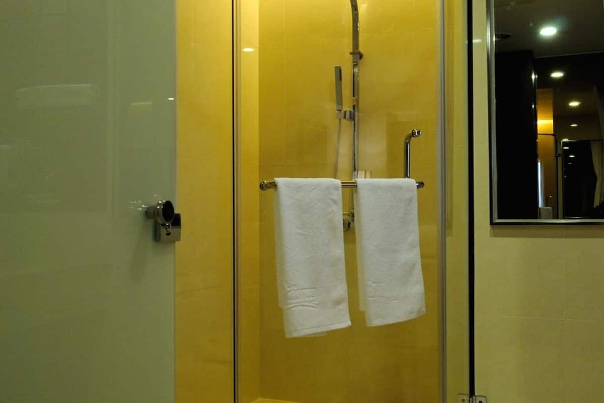 shower, rainfall showerhead, hair dryer, towels