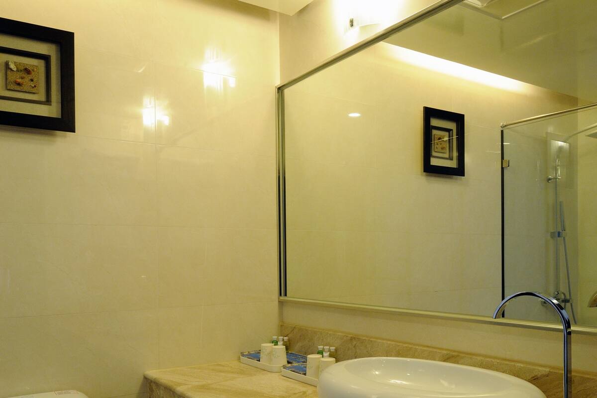 shower, rainfall showerhead, hair dryer, towels