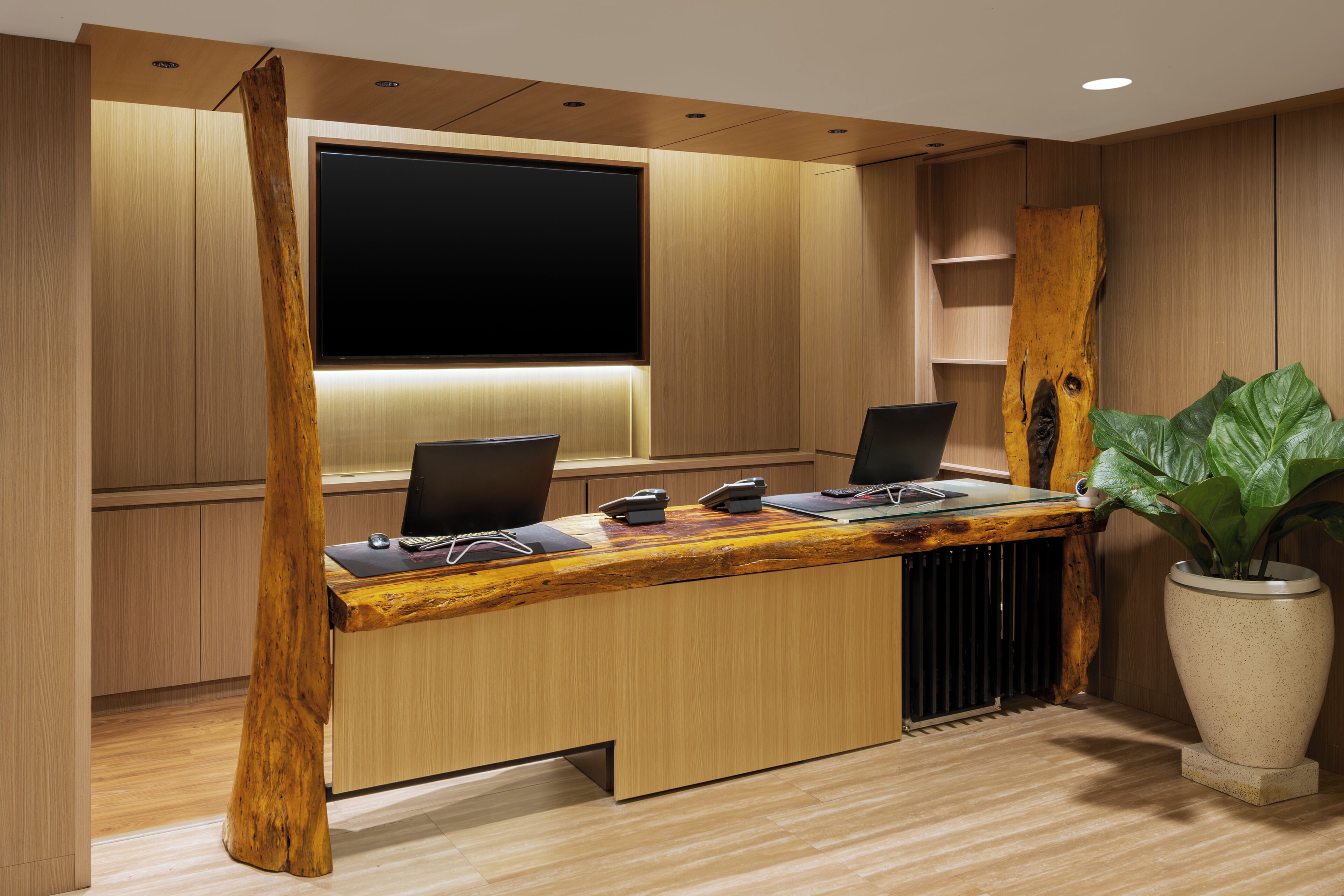 A modern office with a wooden desk, two computers, a large flat-screen TV, and a potted plant.