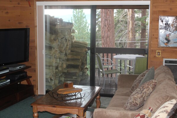 Televisio, takka, DVD-soitin, pöytätennispöytä