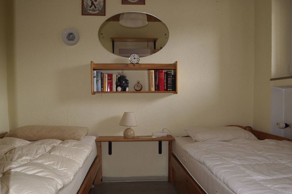 A bedroom with two beds, a bedside table with a lamp, a shelf with books and a clock, and a mirror on the wall.