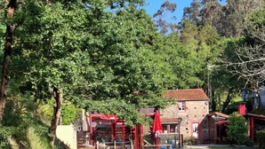 A wooden boardwalk leading to a stone building with red accents, surrounded by greenery.