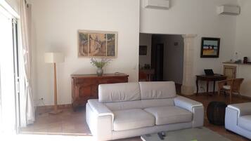 Flatscreentelevisie, een open haard, een tafeltennistafel en boeken