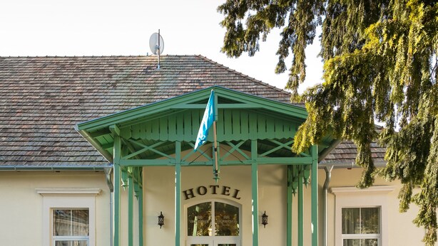 A hotel entrance with a green awning, a brick pathway, and a well-maintained garden. - Aquasol Resort (Mosonmagyarovar)