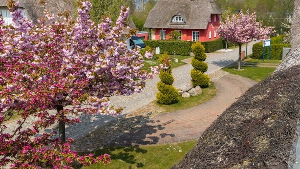 Een klassiek rood huis met rieten dak, omgeven door verzorgde tuinen en een pad van stenen.