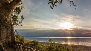 Een strand met bomen langs de rand, een uitzicht op de oceaan en een ondergaande of opkomende zon.