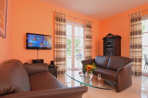 Smart TV, fireplace, DVD player, books