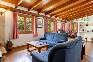 Televisie, een open haard, een dvd-speler en een tafeltennistafel