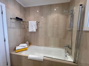 Combined shower/bathtub, jetted bath, hair dryer, bidet