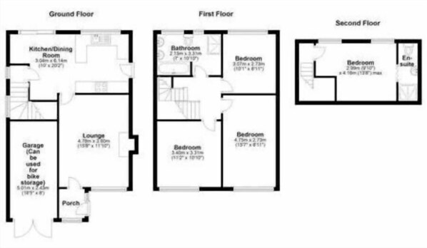 A three-floor layout with a kitchen/dining room, lounge, and bedrooms on the first floor; a bathroom and two bedrooms on the second floor; and a garage and porch on the ground floor. - Lovely 4 bedroom detached house in Southwell (Southwell)