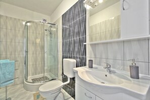 Enjoy a refreshing shower in the bathroom, featuring a glass-enclosed shower, white toilet, and sink with a silver faucet.