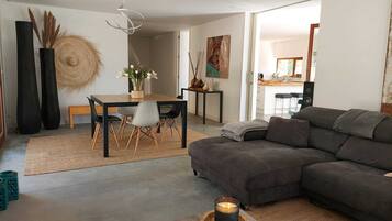 TV connectée, cheminée, lecteur de DVD, table de tennis de table