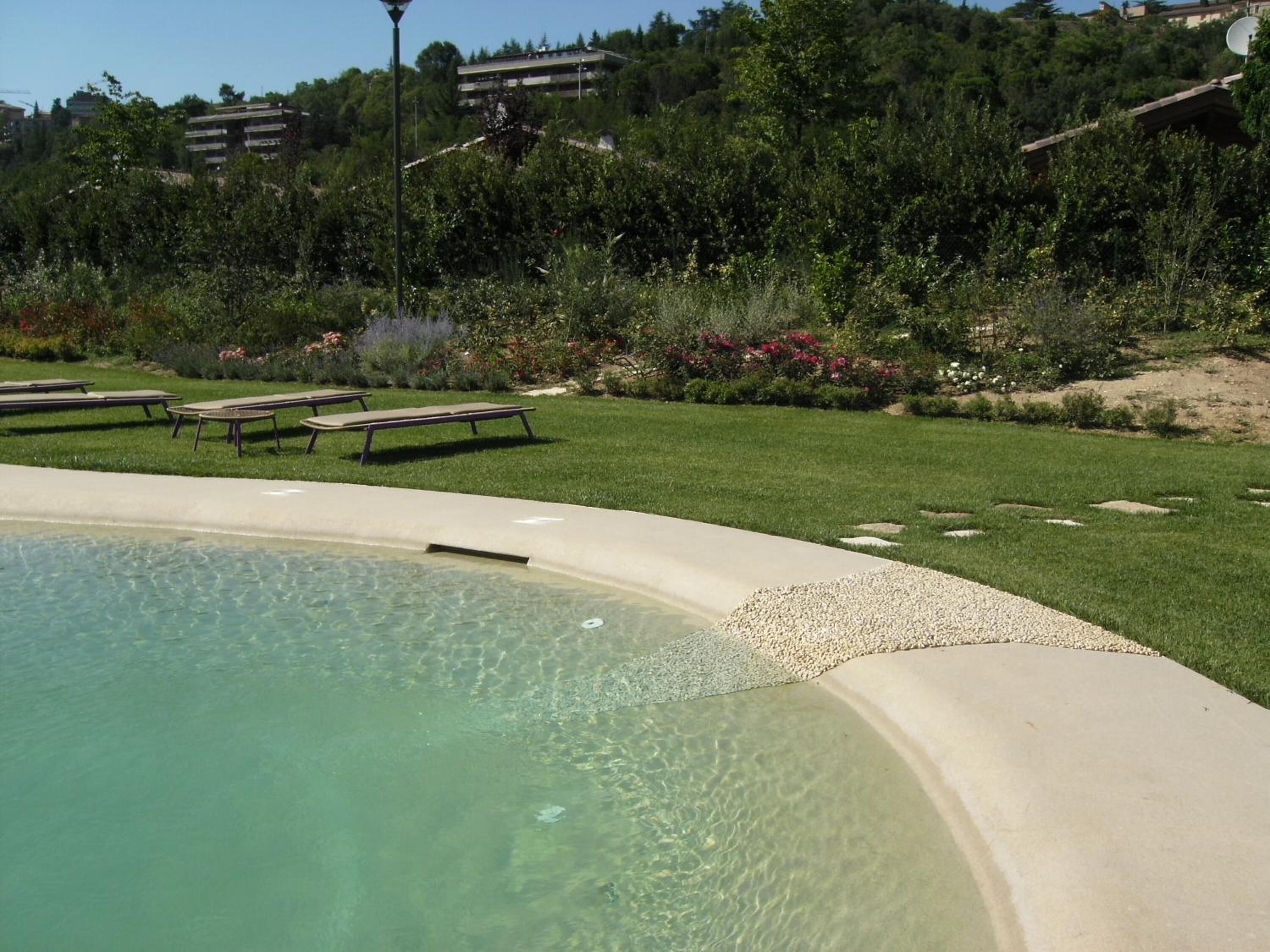A swimming pool with clear water, surrounded by a well-maintained lawn and a few lounge chairs.