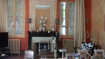 Télévision, cheminée, lecteur de DVD, chaßne hi-fi