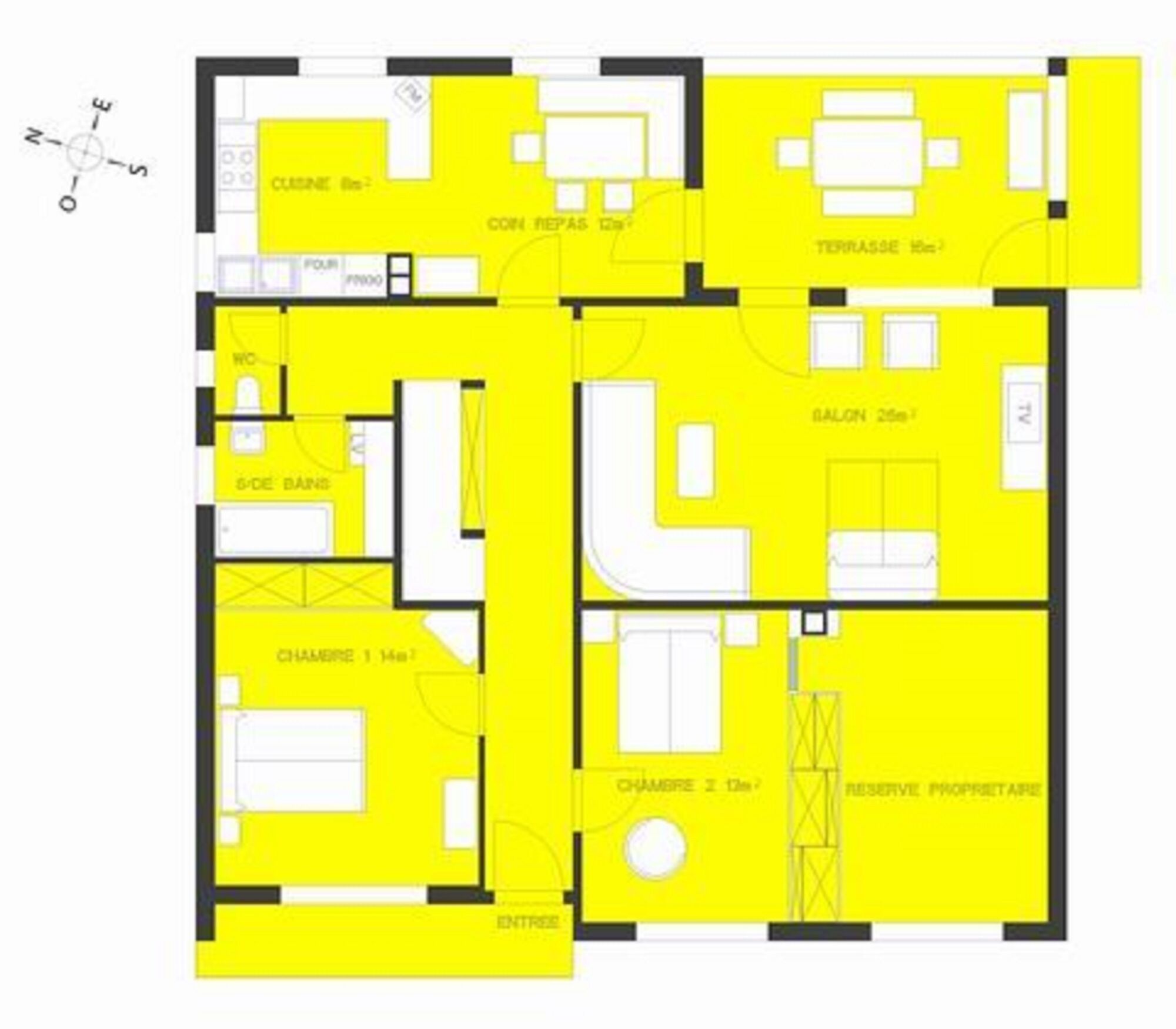 Un plano de planta que muestra una sala de estar, dos dormitorios, un baño, una cocina y una terraza.