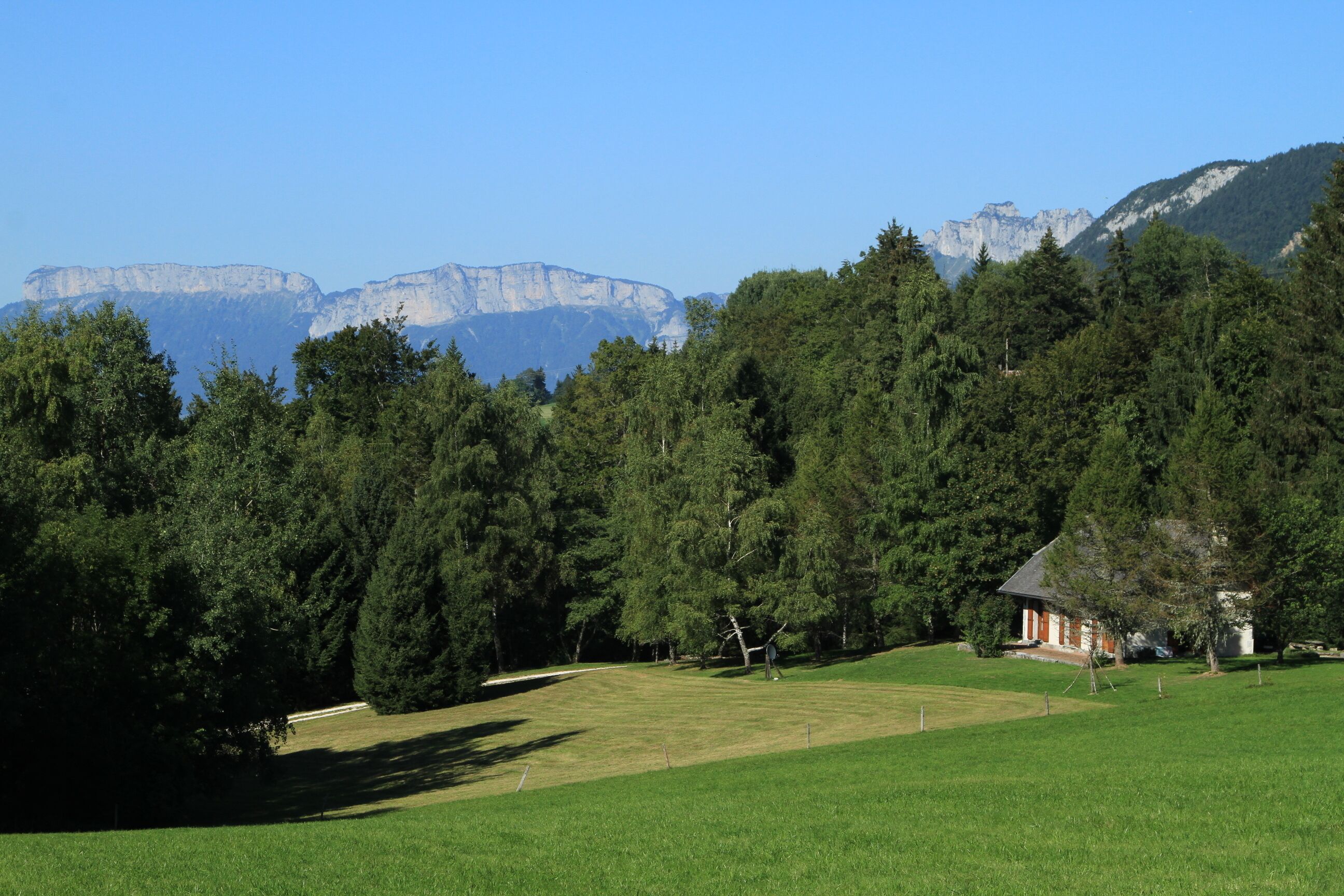 Un paysage rural avec une maison entourée d’une forêt dense et des montagnes en arrière-plan.