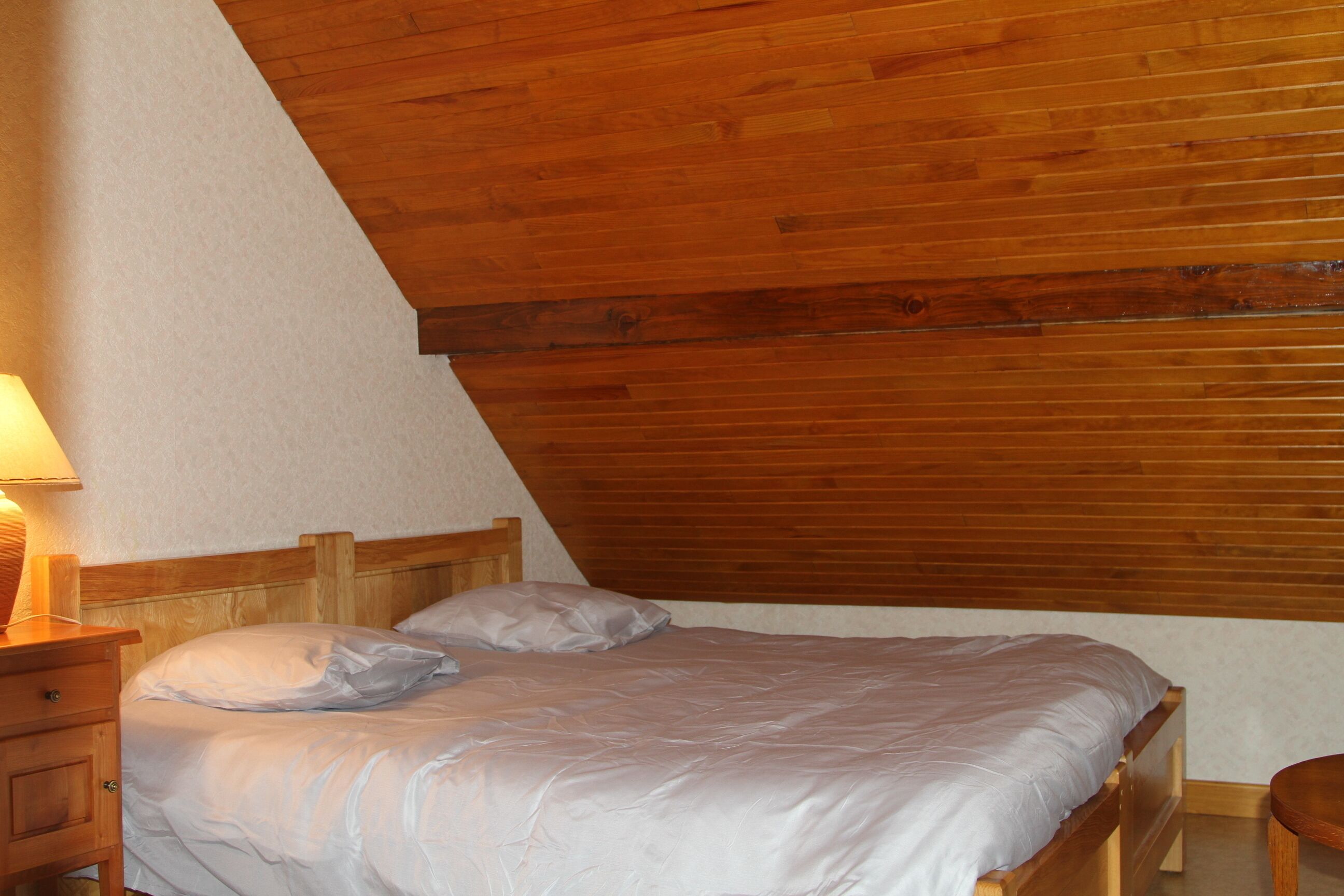 A single bed with a wooden headboard and a bedside table with a lamp.