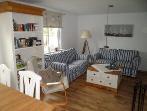 TV, fireplace, books, video library