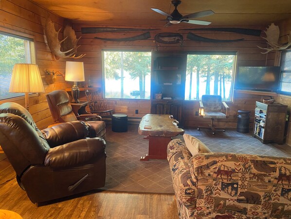 Smart TV, fireplace, video games, DVD player