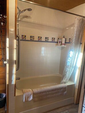 Combined shower/tub, hair dryer, towels, soap