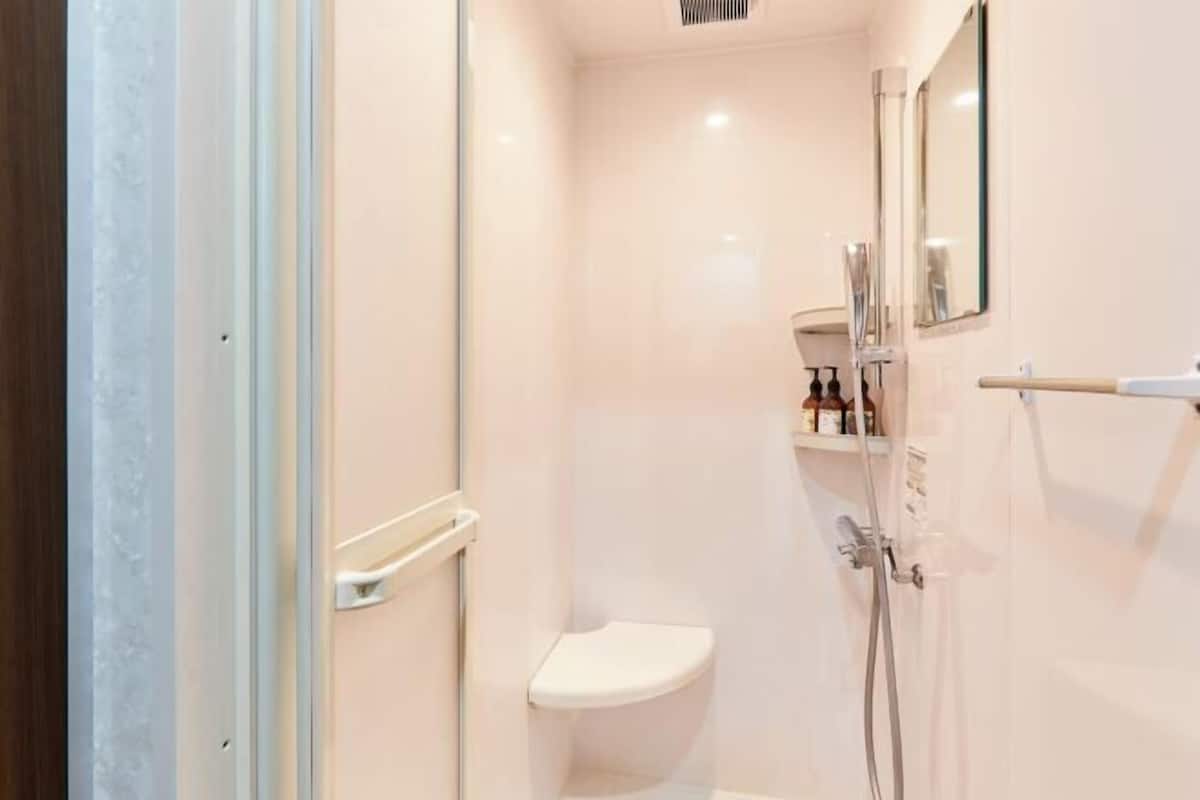 Shower, free toiletries, hair dryer, slippers