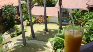 Een glas sinaasappelsap op een balkon met uitzicht op een huis, palmbomen en een tuin.