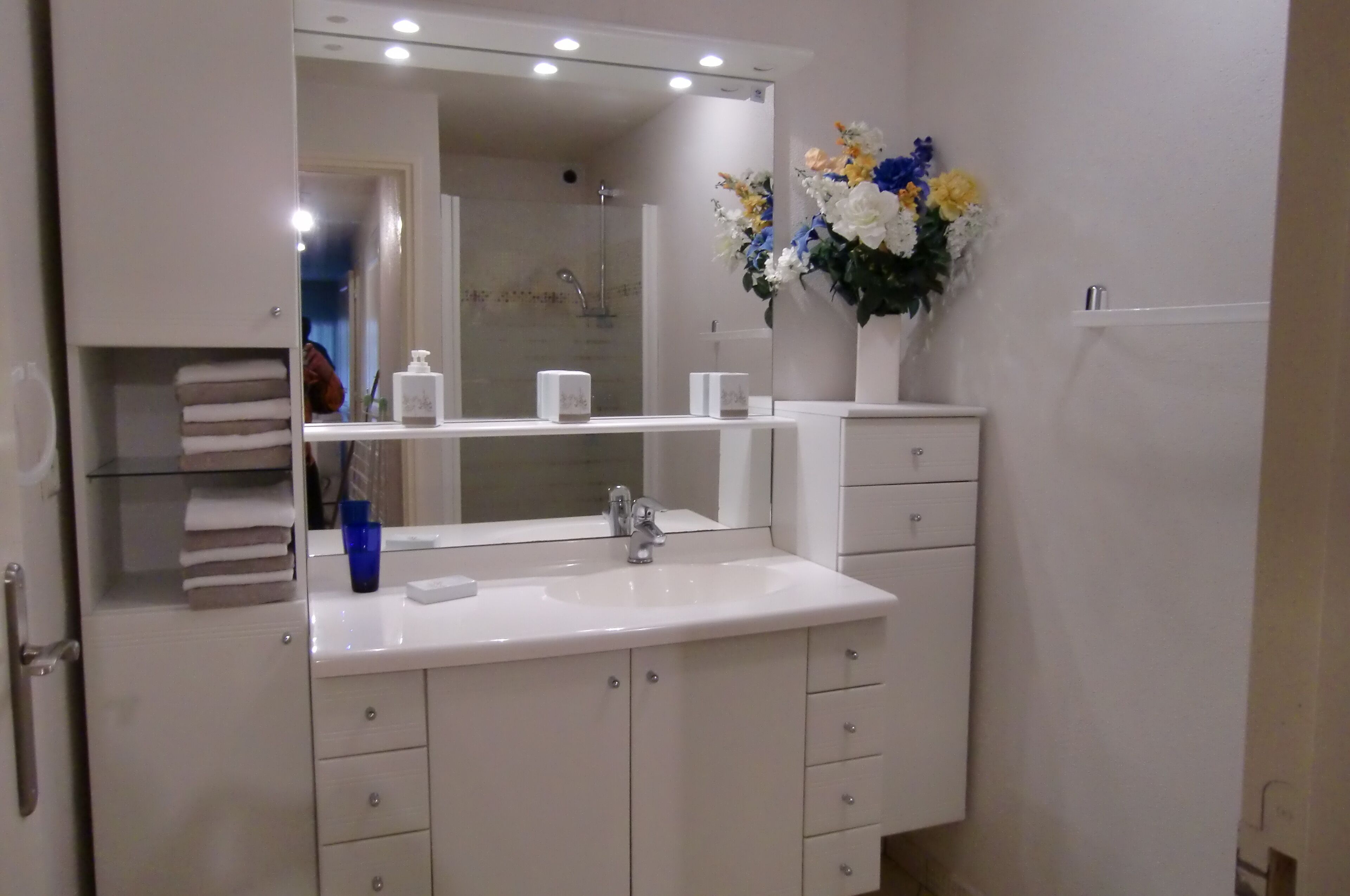 Shower, hair dryer, towels, toilet paper