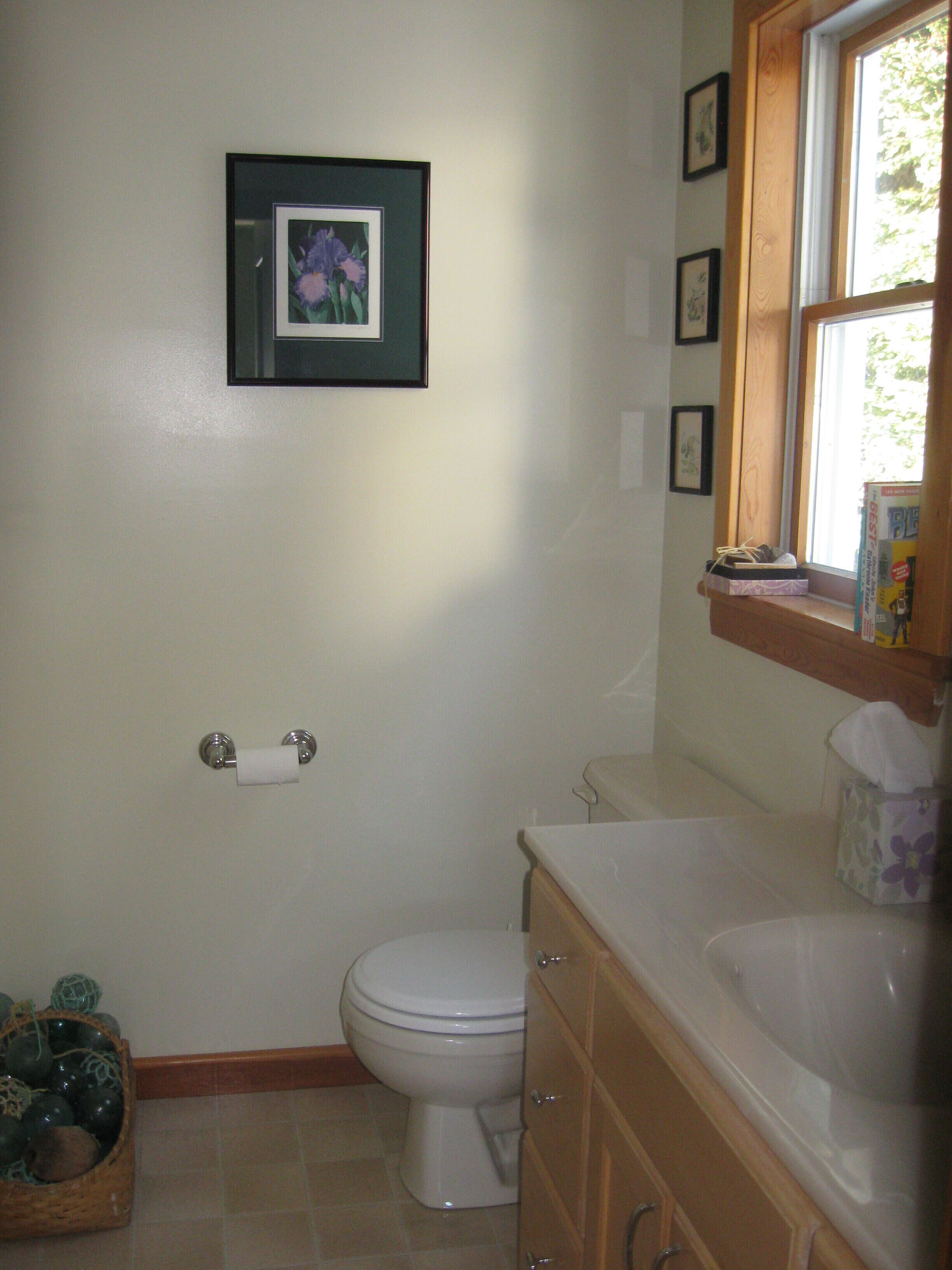 A bathroom with a toilet, a framed picture on the wall, and a window with a view of trees.