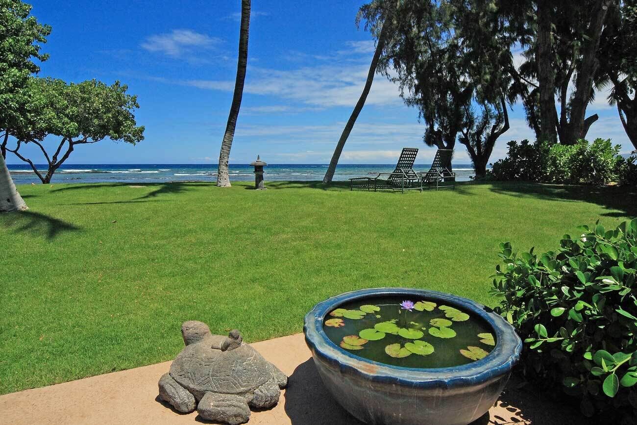 Un prato curato con una scultura di tartaruga in pietra, un grande vaso con ninfee e vista sull'oceano, con palme e una sedia a sdraio sullo sfondo.