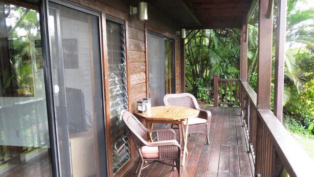 Een houten terras met een tafel en stoelen, omgeven door glazen deuren en ramen met uitzicht op een weelderige tuin.