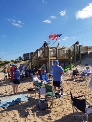 On the beach, sun loungers, beach towels