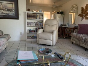 TV, DVD player, books, music library