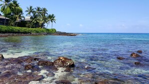 Una playa tropical con agua cristalina, rocas y palmeras.
