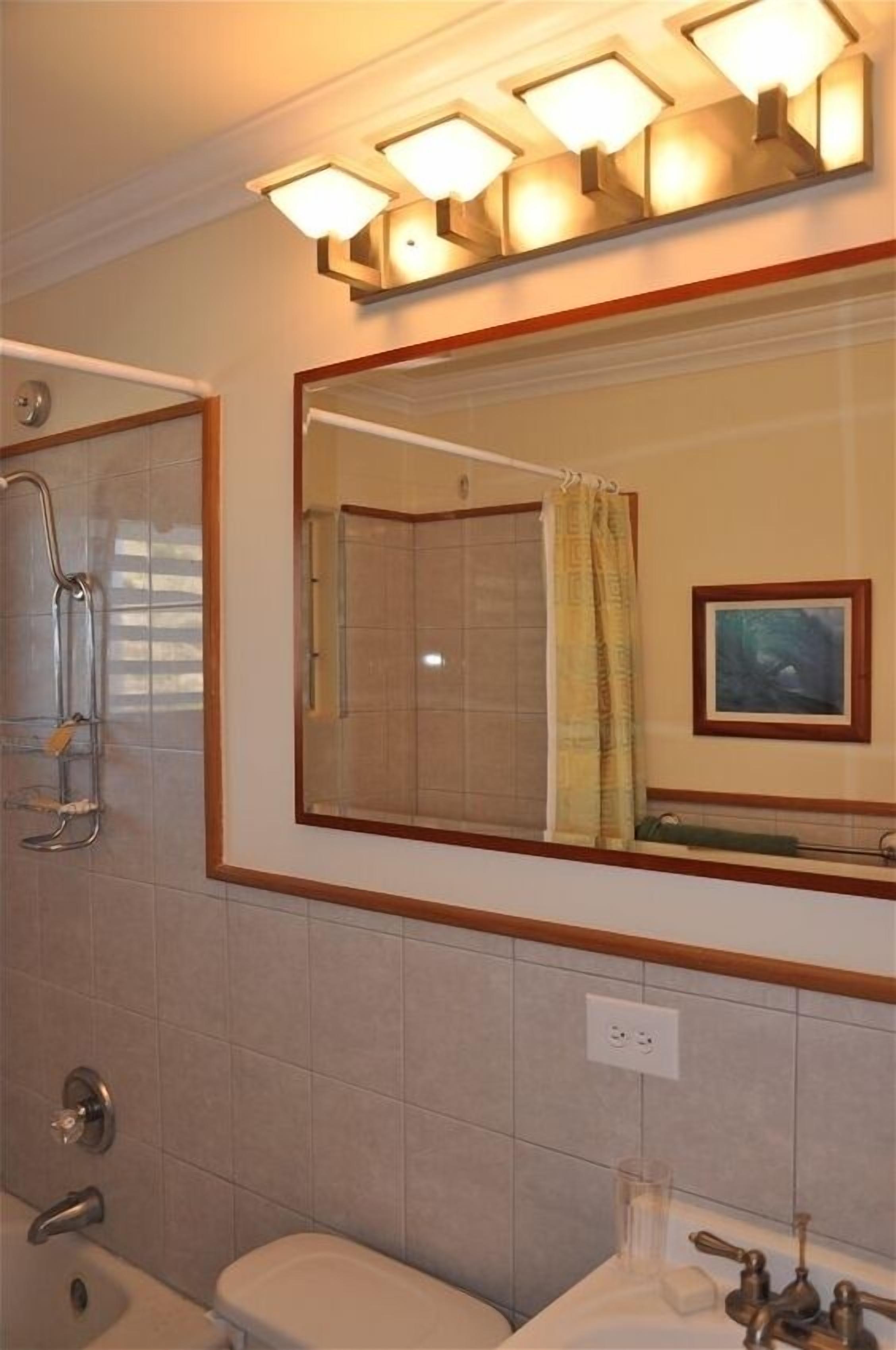 Combined shower/tub, hair dryer, towels, soap