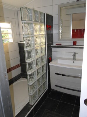 Shower, hair dryer, towels