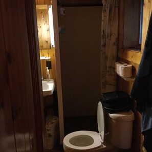 A small, dimly lit bathroom with a toilet, a sink, and a window with a curtain.