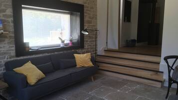 平面電視、壁爐、DVD 播放機、書籍