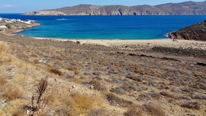 A coastal landscape with a beach, rocky cliffs, and sparse vegetation.