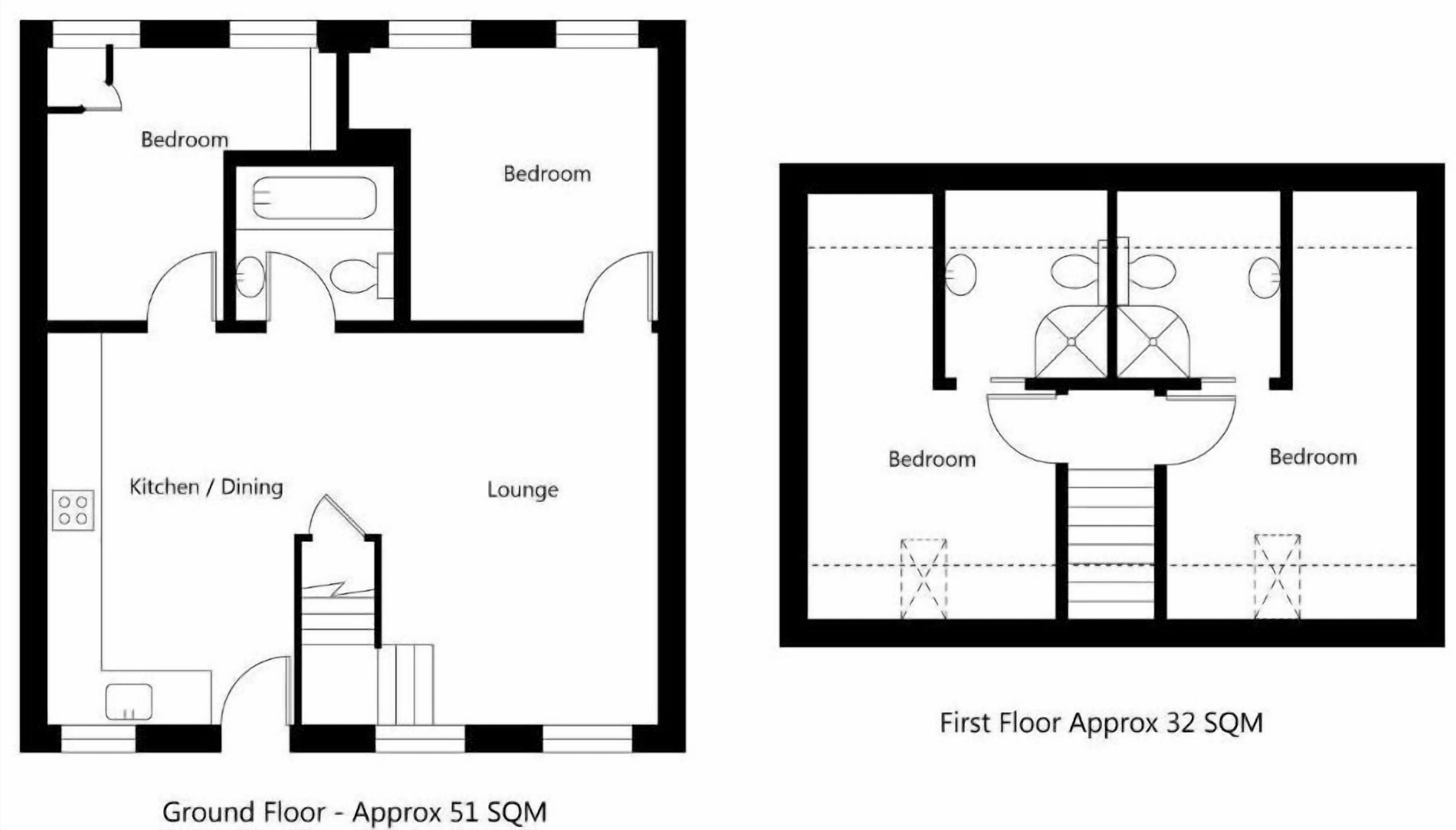 A ground floor layout with a kitchen, dining area, lounge, and two bedrooms.